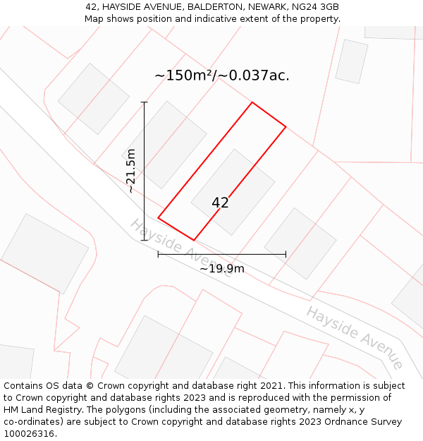 42, HAYSIDE AVENUE, BALDERTON, NEWARK, NG24 3GB: Plot and title map