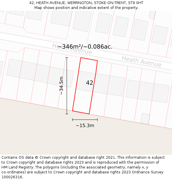 42, HEATH AVENUE, WERRINGTON, STOKE-ON-TRENT, ST9 0HT: Plot and title map