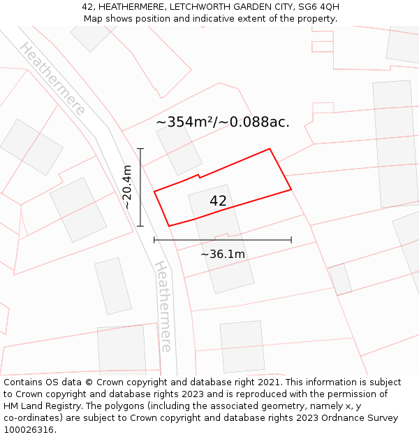 42, HEATHERMERE, LETCHWORTH GARDEN CITY, SG6 4QH: Plot and title map