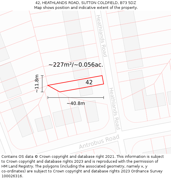 42, HEATHLANDS ROAD, SUTTON COLDFIELD, B73 5DZ: Plot and title map