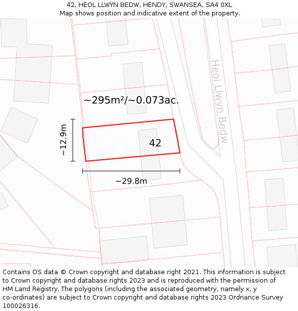 42, HEOL LLWYN BEDW, HENDY, SWANSEA, SA4 0XL: Plot and title map