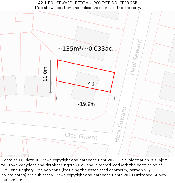 42, HEOL SEWARD, BEDDAU, PONTYPRIDD, CF38 2SR: Plot and title map