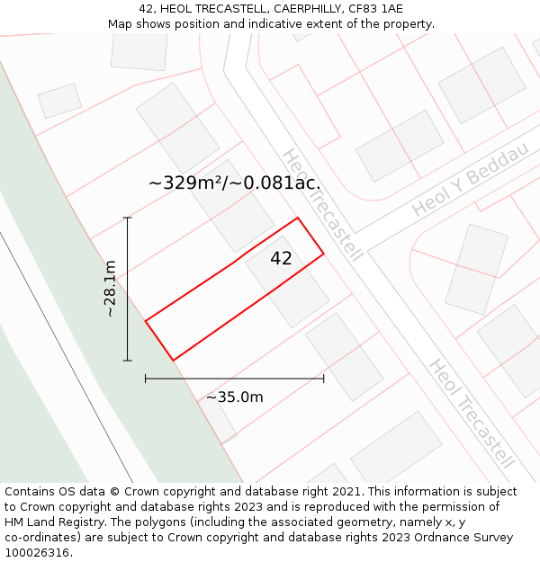 42, HEOL TRECASTELL, CAERPHILLY, CF83 1AE: Plot and title map