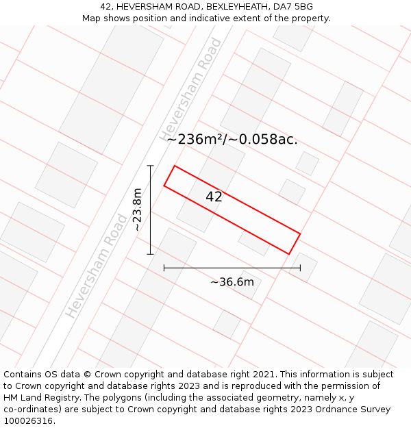 42, HEVERSHAM ROAD, BEXLEYHEATH, DA7 5BG: Plot and title map