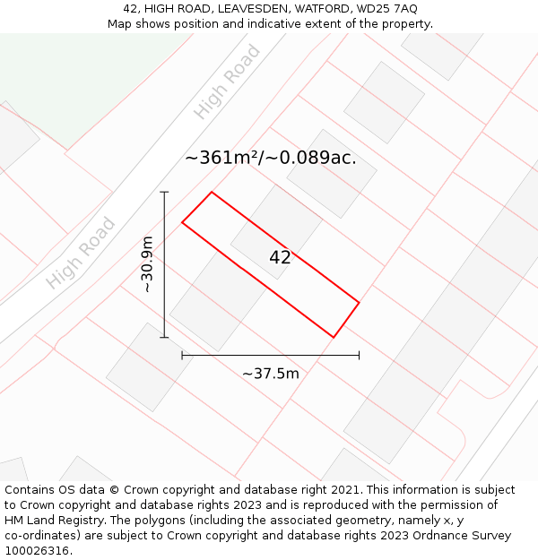 42, HIGH ROAD, LEAVESDEN, WATFORD, WD25 7AQ: Plot and title map