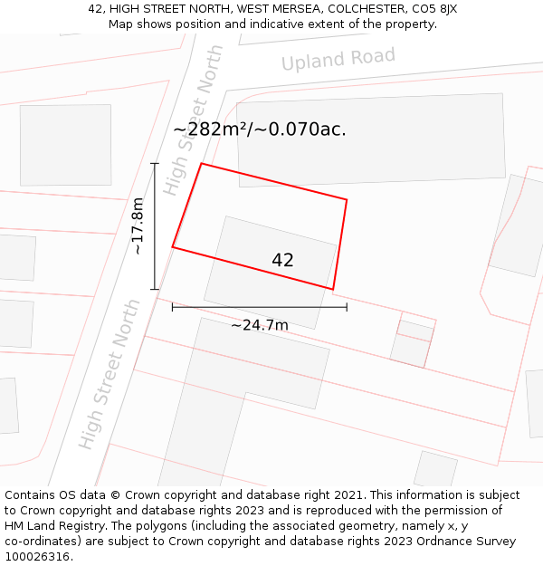 42, HIGH STREET NORTH, WEST MERSEA, COLCHESTER, CO5 8JX: Plot and title map