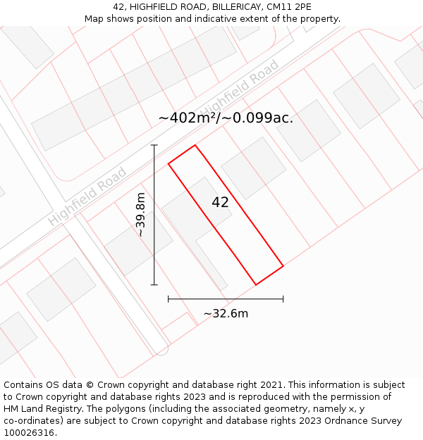 42, HIGHFIELD ROAD, BILLERICAY, CM11 2PE: Plot and title map