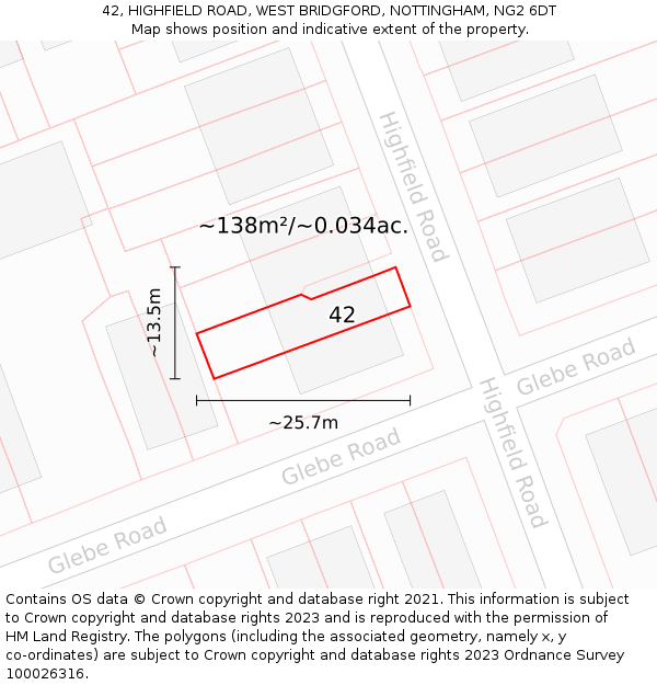 42, HIGHFIELD ROAD, WEST BRIDGFORD, NOTTINGHAM, NG2 6DT: Plot and title map