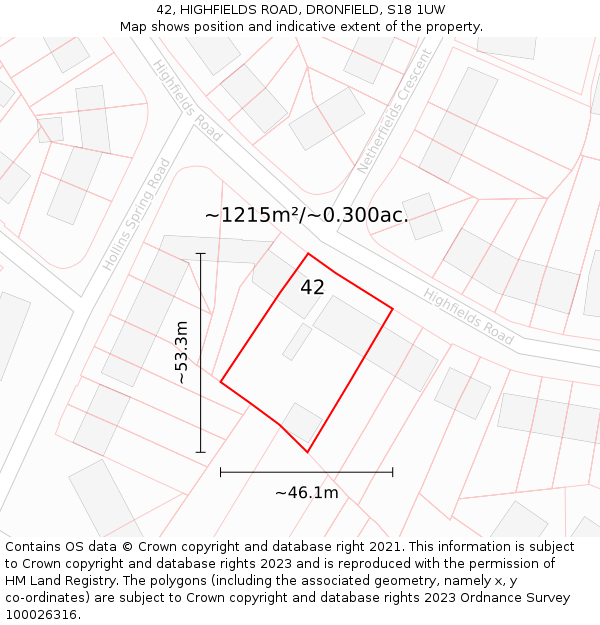 42, HIGHFIELDS ROAD, DRONFIELD, S18 1UW: Plot and title map