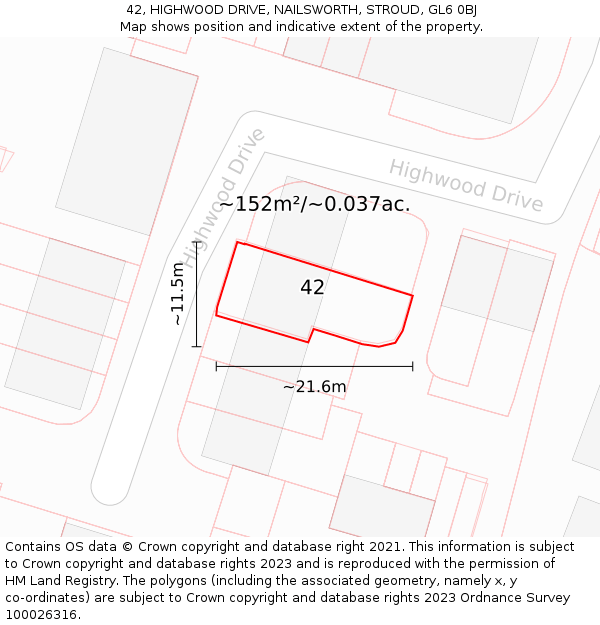 42, HIGHWOOD DRIVE, NAILSWORTH, STROUD, GL6 0BJ: Plot and title map