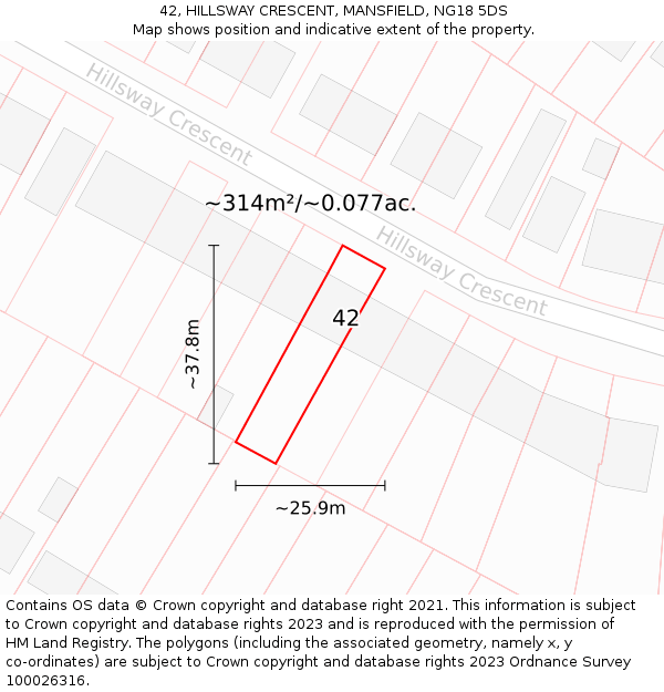 42, HILLSWAY CRESCENT, MANSFIELD, NG18 5DS: Plot and title map