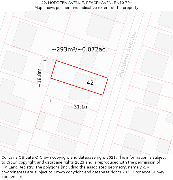 42, HODDERN AVENUE, PEACEHAVEN, BN10 7PH: Plot and title map