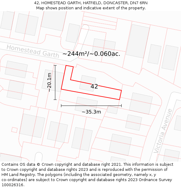 42, HOMESTEAD GARTH, HATFIELD, DONCASTER, DN7 6RN: Plot and title map