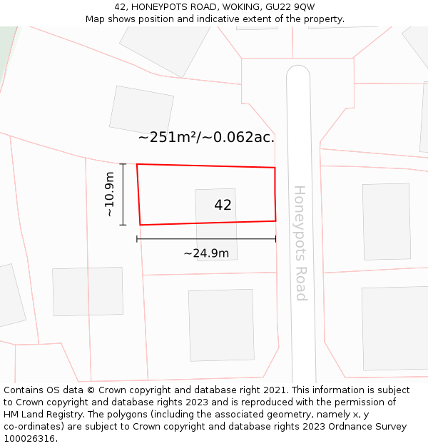 42, HONEYPOTS ROAD, WOKING, GU22 9QW: Plot and title map