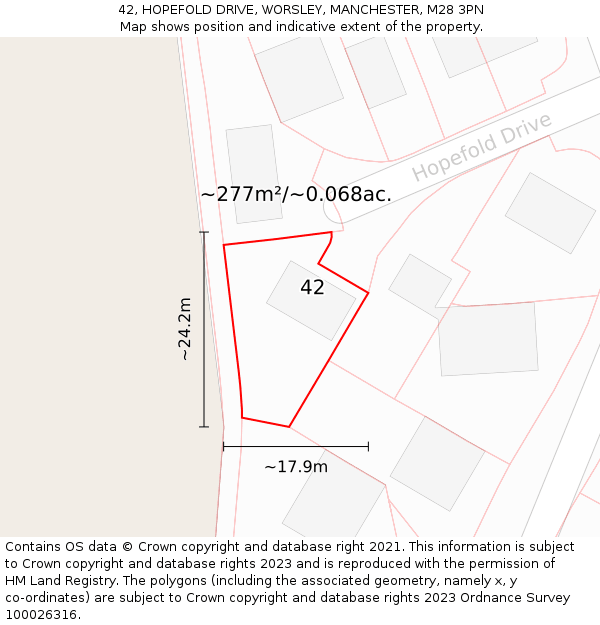 42, HOPEFOLD DRIVE, WORSLEY, MANCHESTER, M28 3PN: Plot and title map