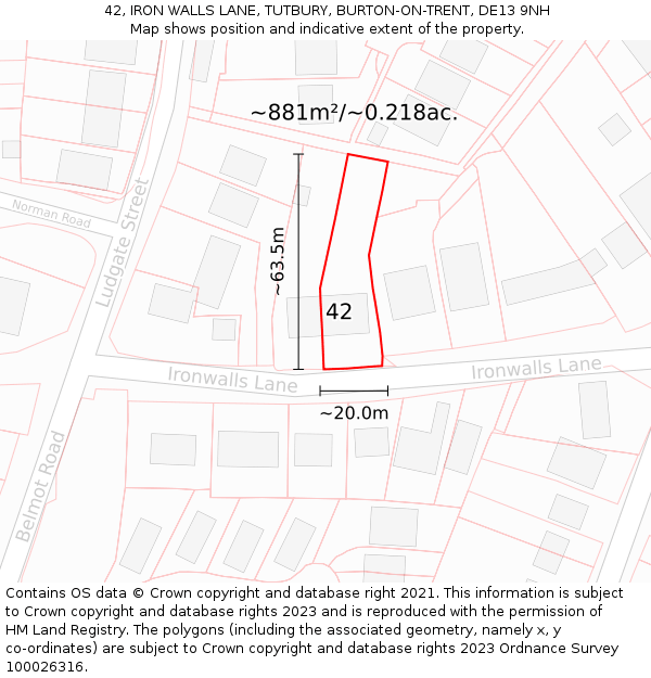 42, IRON WALLS LANE, TUTBURY, BURTON-ON-TRENT, DE13 9NH: Plot and title map