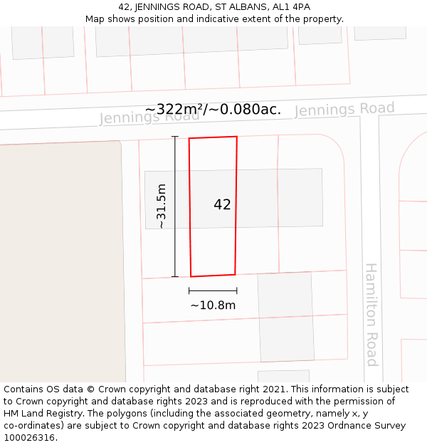 42, JENNINGS ROAD, ST ALBANS, AL1 4PA: Plot and title map