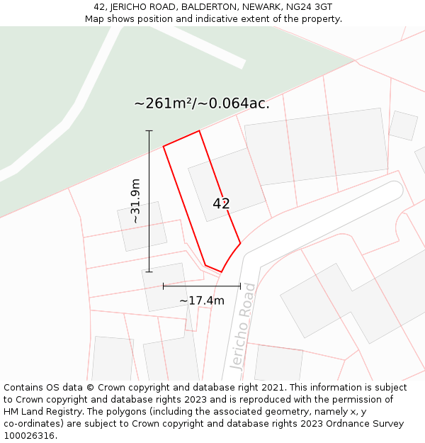 42, JERICHO ROAD, BALDERTON, NEWARK, NG24 3GT: Plot and title map