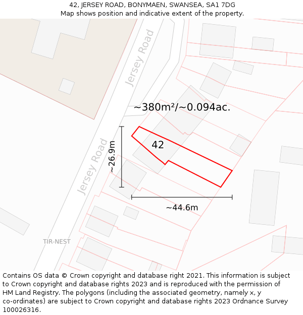 42, JERSEY ROAD, BONYMAEN, SWANSEA, SA1 7DG: Plot and title map