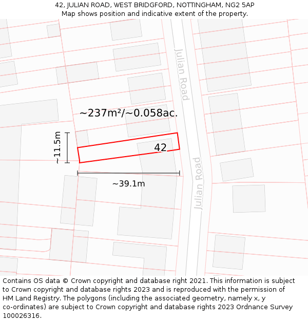 42, JULIAN ROAD, WEST BRIDGFORD, NOTTINGHAM, NG2 5AP: Plot and title map