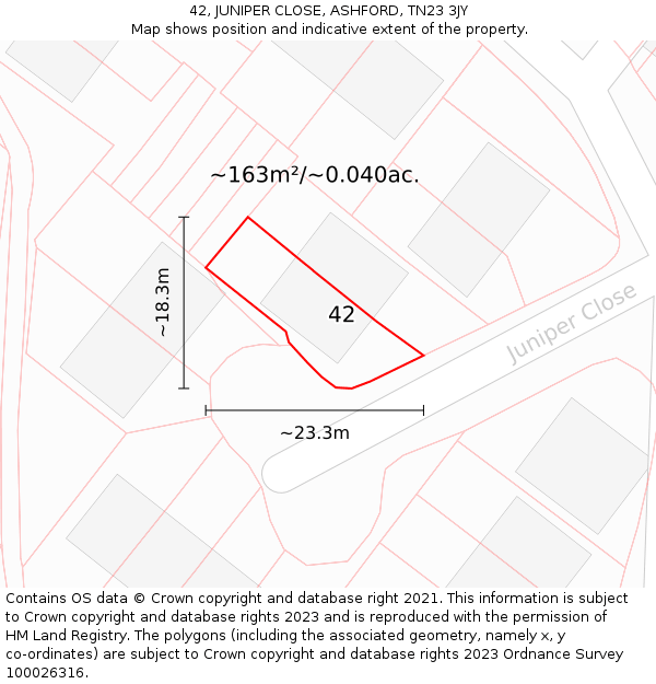 42, JUNIPER CLOSE, ASHFORD, TN23 3JY: Plot and title map