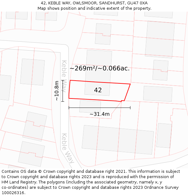 42, KEBLE WAY, OWLSMOOR, SANDHURST, GU47 0XA: Plot and title map