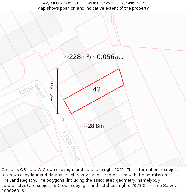 42, KILDA ROAD, HIGHWORTH, SWINDON, SN6 7HP: Plot and title map