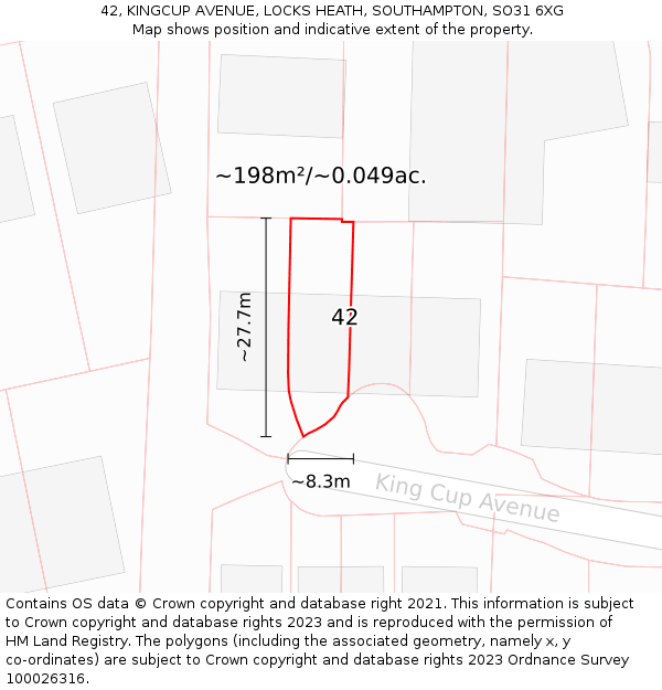 42, KINGCUP AVENUE, LOCKS HEATH, SOUTHAMPTON, SO31 6XG: Plot and title map