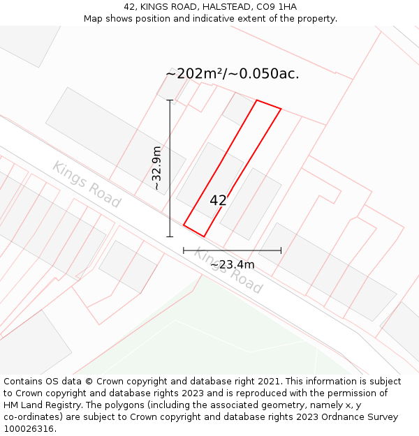 42, KINGS ROAD, HALSTEAD, CO9 1HA: Plot and title map