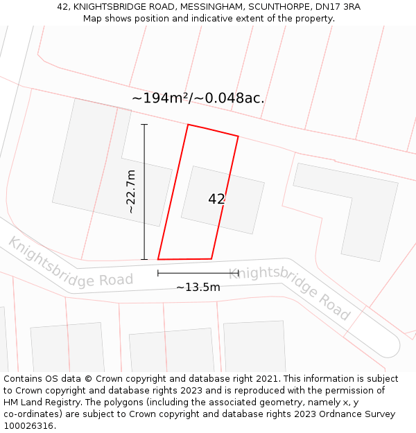 42, KNIGHTSBRIDGE ROAD, MESSINGHAM, SCUNTHORPE, DN17 3RA: Plot and title map