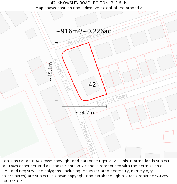 42, KNOWSLEY ROAD, BOLTON, BL1 6HN: Plot and title map