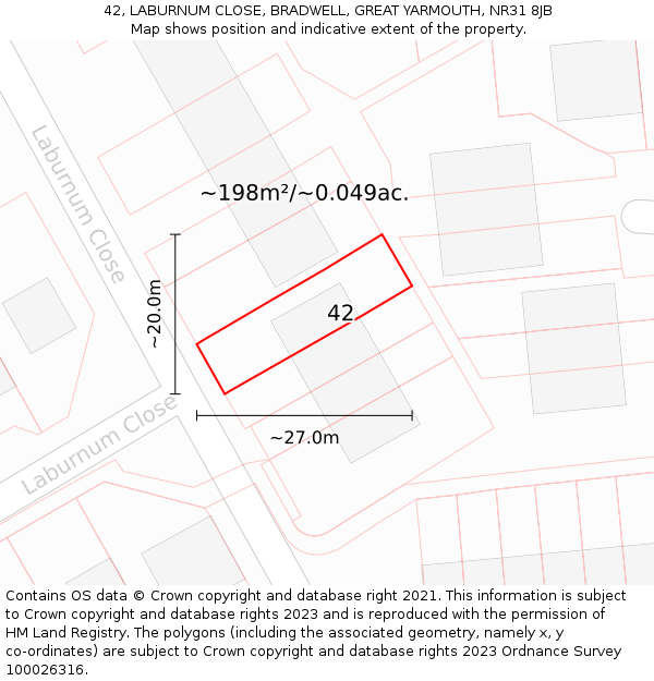 42, LABURNUM CLOSE, BRADWELL, GREAT YARMOUTH, NR31 8JB: Plot and title map