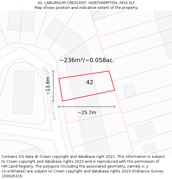 42, LABURNUM CRESCENT, NORTHAMPTON, NN3 2LF: Plot and title map