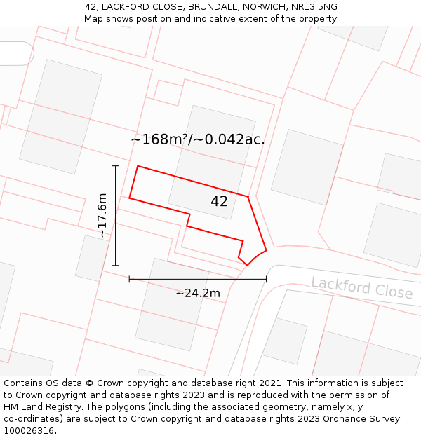 42, LACKFORD CLOSE, BRUNDALL, NORWICH, NR13 5NG: Plot and title map