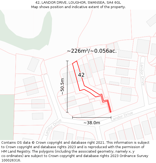 42, LANDOR DRIVE, LOUGHOR, SWANSEA, SA4 6GL: Plot and title map