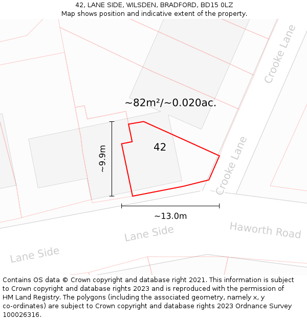 42, LANE SIDE, WILSDEN, BRADFORD, BD15 0LZ: Plot and title map