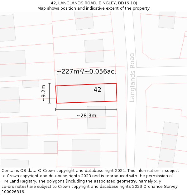 42, LANGLANDS ROAD, BINGLEY, BD16 1QJ: Plot and title map