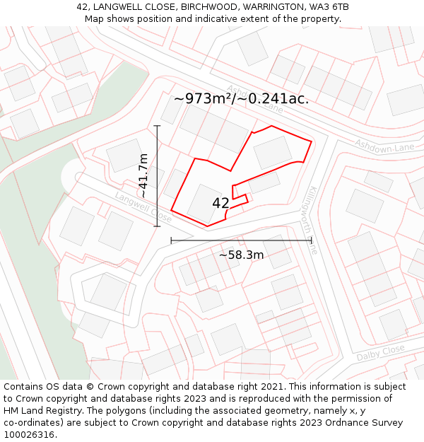 42, LANGWELL CLOSE, BIRCHWOOD, WARRINGTON, WA3 6TB: Plot and title map