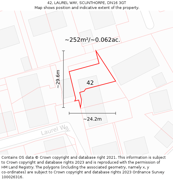42, LAUREL WAY, SCUNTHORPE, DN16 3GT: Plot and title map