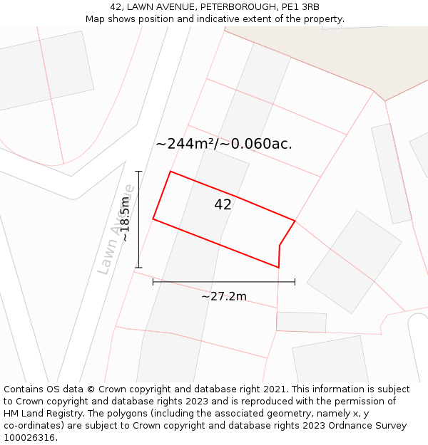 42, LAWN AVENUE, PETERBOROUGH, PE1 3RB: Plot and title map