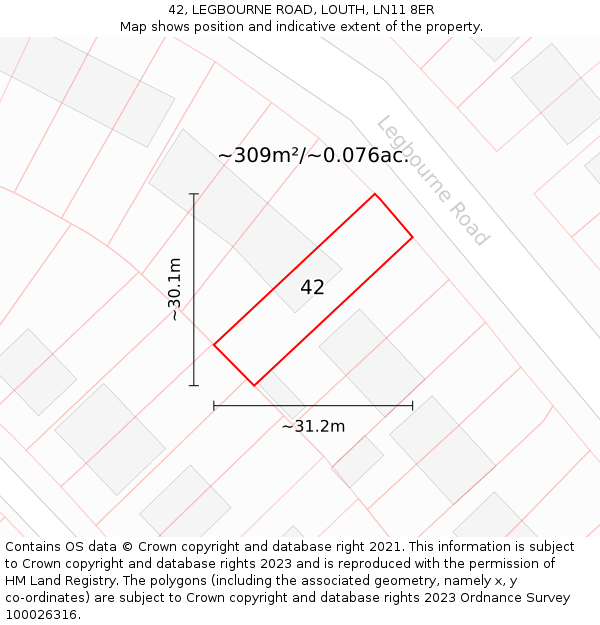 42, LEGBOURNE ROAD, LOUTH, LN11 8ER: Plot and title map