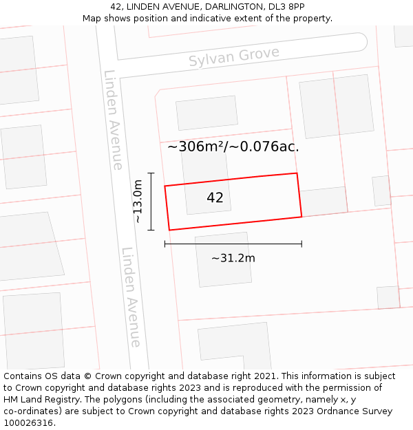 42, LINDEN AVENUE, DARLINGTON, DL3 8PP: Plot and title map