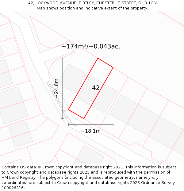 42, LOCKWOOD AVENUE, BIRTLEY, CHESTER LE STREET, DH3 1GN: Plot and title map