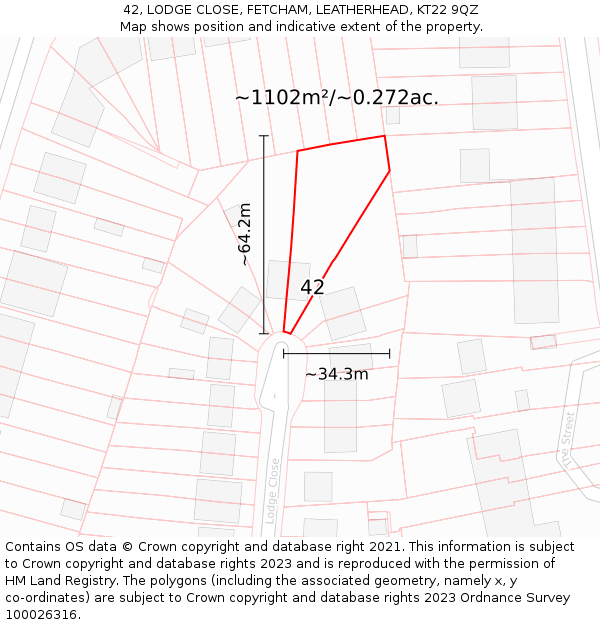 42, LODGE CLOSE, FETCHAM, LEATHERHEAD, KT22 9QZ: Plot and title map