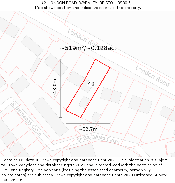 42, LONDON ROAD, WARMLEY, BRISTOL, BS30 5JH: Plot and title map