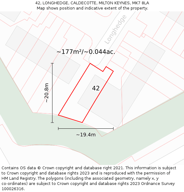 42, LONGHEDGE, CALDECOTTE, MILTON KEYNES, MK7 8LA: Plot and title map