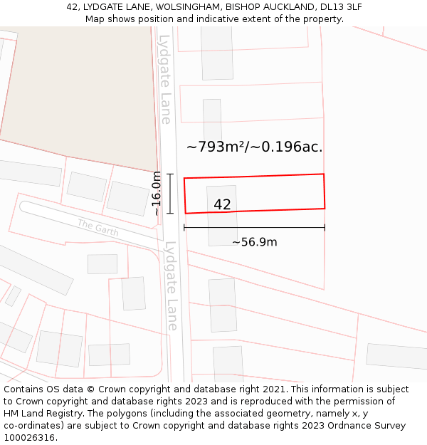 42, LYDGATE LANE, WOLSINGHAM, BISHOP AUCKLAND, DL13 3LF: Plot and title map