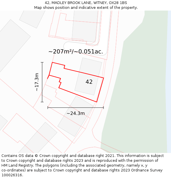 42, MADLEY BROOK LANE, WITNEY, OX28 1BS: Plot and title map