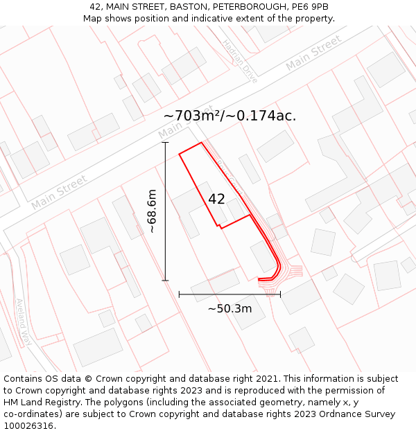 42, MAIN STREET, BASTON, PETERBOROUGH, PE6 9PB: Plot and title map