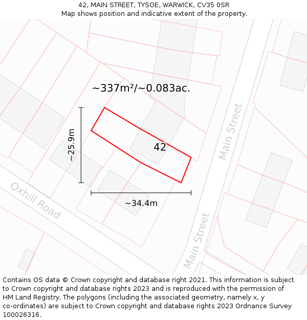 42, MAIN STREET, TYSOE, WARWICK, CV35 0SR: Plot and title map